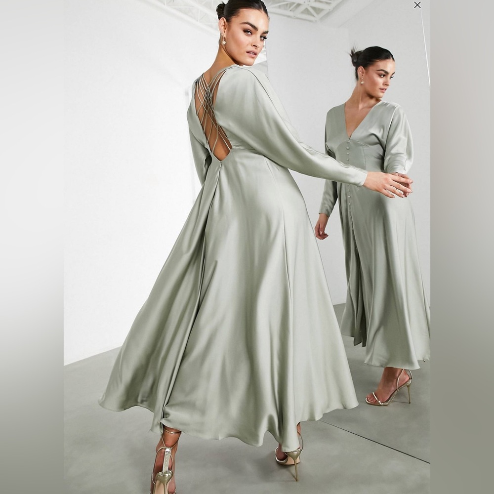 ASOS EDITION satin lattice back midi dress in sage green.